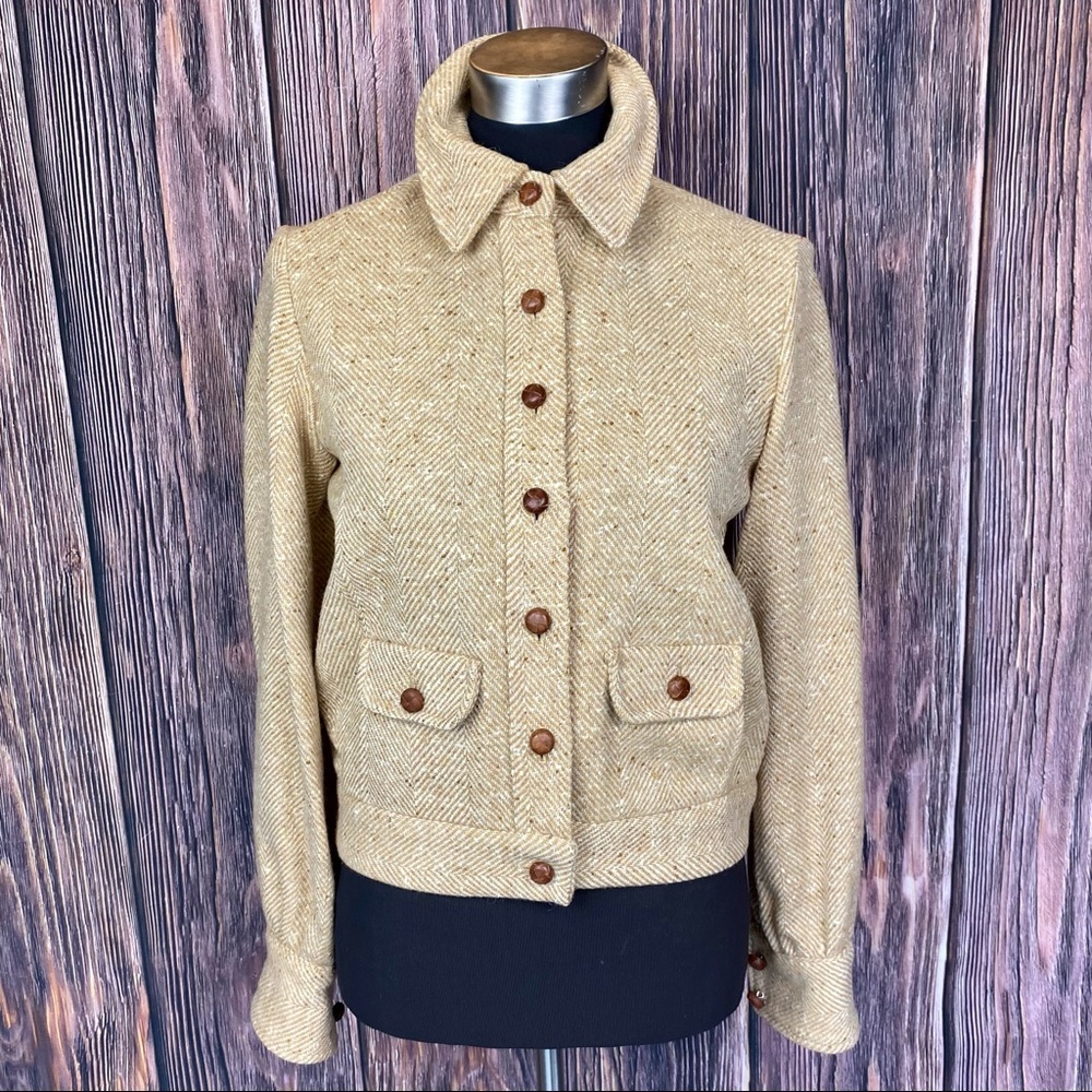 VINTAGE 70's ELLEN TRACY 100% Wool Herringbone Tan Button Front Jacket